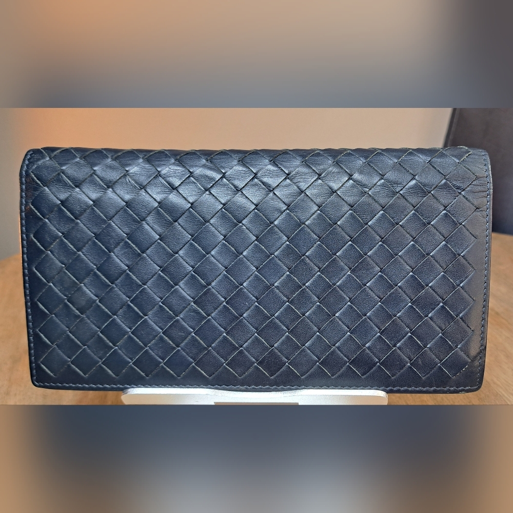 Bottega Veneta Itrecciato Fold Over Navy Leather Wallet